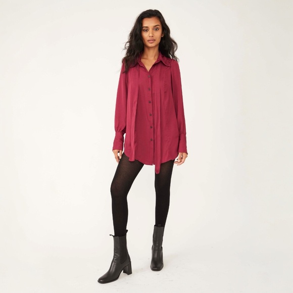 EUC ✵☽Free People☾✵ Silky Red + Purple Button Down Blouse Top + Sash Tie | Small - Picture 13 of 16